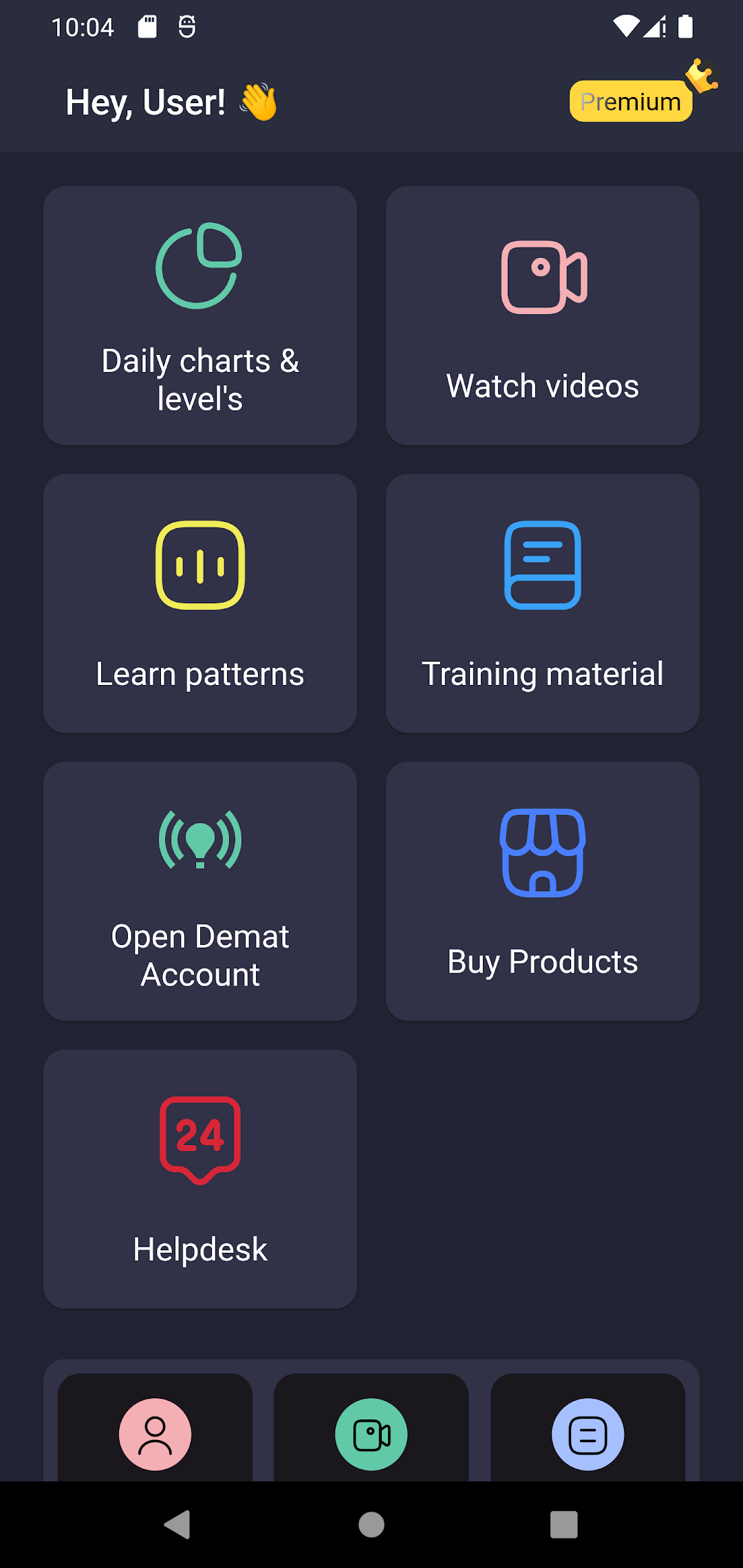 Home screen of the app with its main sections shown as tiles